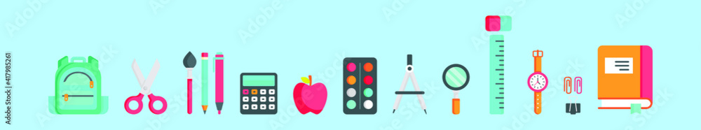 set of school supplies cartoon icon design template with various models. vector illustration isolated on blue background set of school supplies cartoon icon design template with various models. vector illustration isolated on blue background