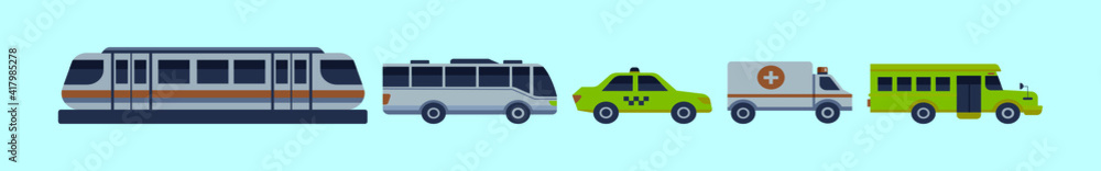 set of transportation cartoon icon design template with various models. vector illustration isolated on blue background set of transportation cartoon icon design template with various models. vector illustration isolated on blue background