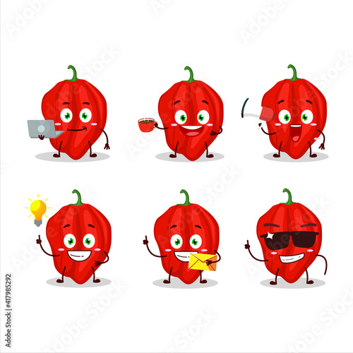 New red habanero cartoon character with various types of business emoticons