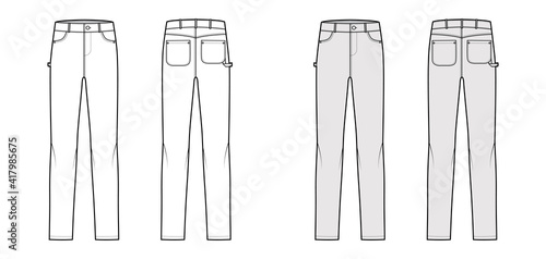 Jeans carpenter Denim pants technical fashion illustration with full length, low waist, rise, 5 pockets, Rivets. Flat bottom apparel front back, white, grey color style. Women, men, unisex CAD mockup