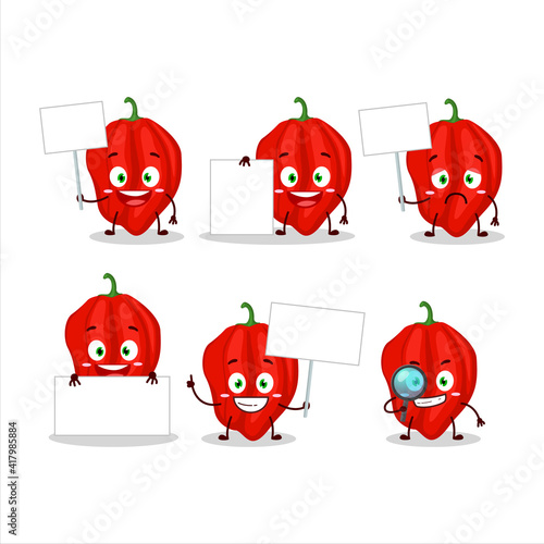 New red habanero cartoon character bring information board