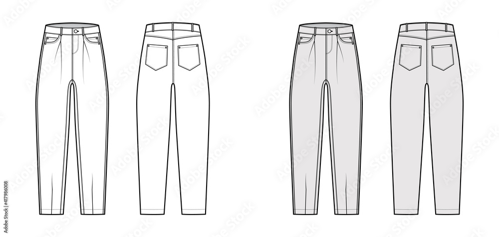 Slouchy Jeans Denim pants technical fashion illustration with full length, low waist, rise, Rivets, oversized. Flat bottom template front back white, grey color style. Women, men, unisex CAD mockup Slouchy Jeans Denim pants technical fashion illustration with full length, low waist, rise, Rivets, oversized. Flat bottom template front back white, grey color style. Women, men, unisex CAD mockup