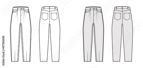 Slouchy Jeans Denim pants technical fashion illustration with full length, low waist, rise, Rivets, oversized. Flat bottom template front back white, grey color style. Women, men, unisex CAD mockup