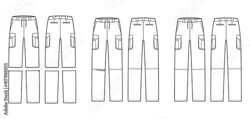 Set of Zip-off convertible pants technical fashion illustration with low waist, box pleated cargo jetted pockets, drawstring. Flat template front, back white color style. Women, men, unisex CAD mockup