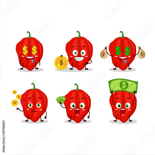 New red habanero cartoon character with cute emoticon bring money