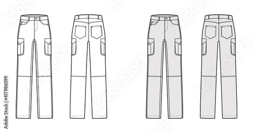 Set of Jeans cargo Denim pants technical fashion illustration with low waist, rise, pockets, belt loops, full lengths. Flat bottom apparel front back, white, grey color. Women, men, unisex CAD mockup