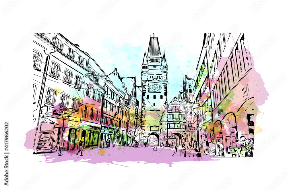 Building view with landmark of Freiburg im Breisgau is the
city in Germany. Watercolour splash with hand drawn sketch illustration in vector.