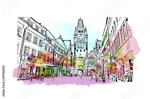 Building view with landmark of Freiburg im Breisgau is the
city in Germany. Watercolour splash with hand drawn sketch illustration in vector.