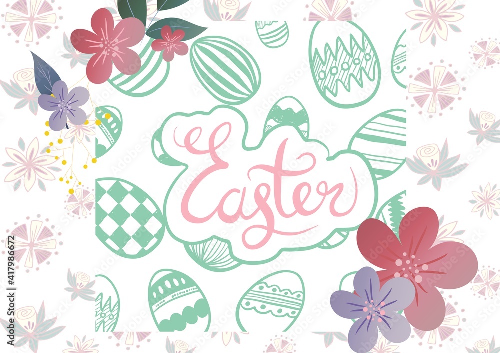 Easter text with flowers and easter eggs on white background Easter text with flowers and easter eggs on white background