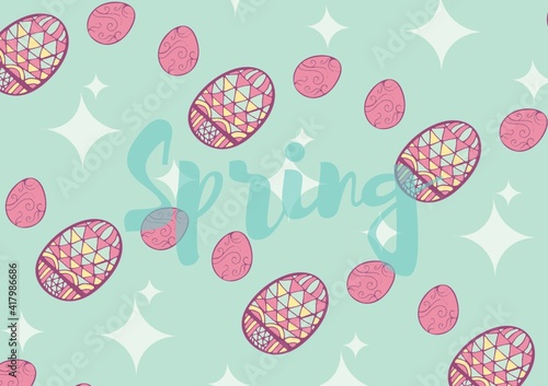Spring text with stars and easter eggs on green background
