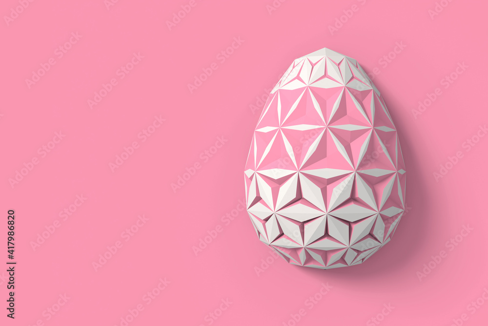 Easter concept. One single white egg with geometric original carved changing patterns on the surface on a pink background. 3d illustration Easter concept. One single white egg with geometric original carved changing patterns on the surface on a pink background. 3d illustration