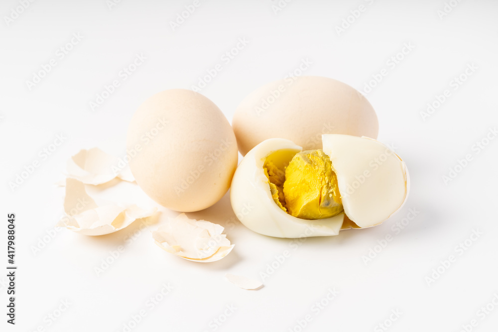 Fresh hard-boiled egg on pure white background Fresh hard-boiled egg on pure white background