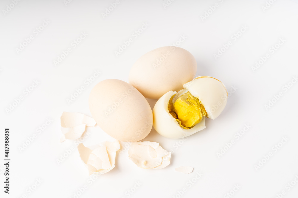 Fresh hard-boiled egg on pure white background Fresh hard-boiled egg on pure white background