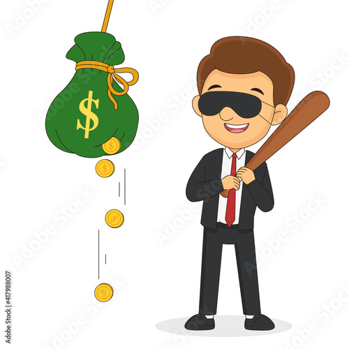 Business man with baseball bat beats bag with money