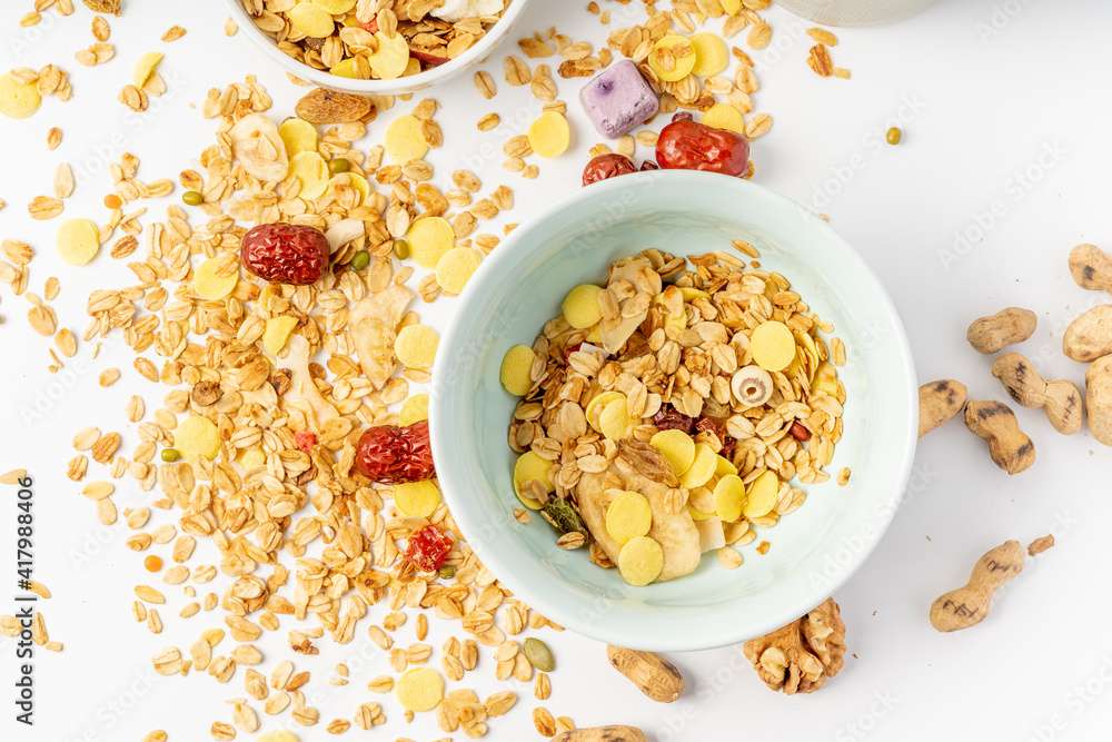 A simple nutritious breakfast on a solid color background A simple nutritious breakfast on a solid color background