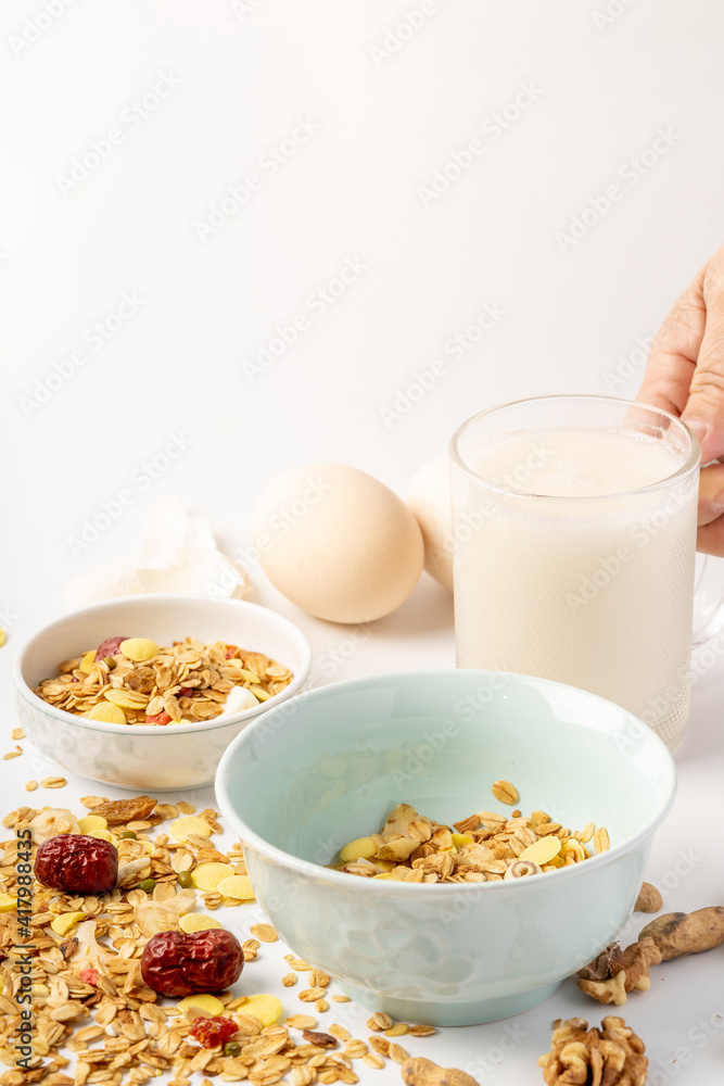 A simple nutritious breakfast on a solid color background A simple nutritious breakfast on a solid color background