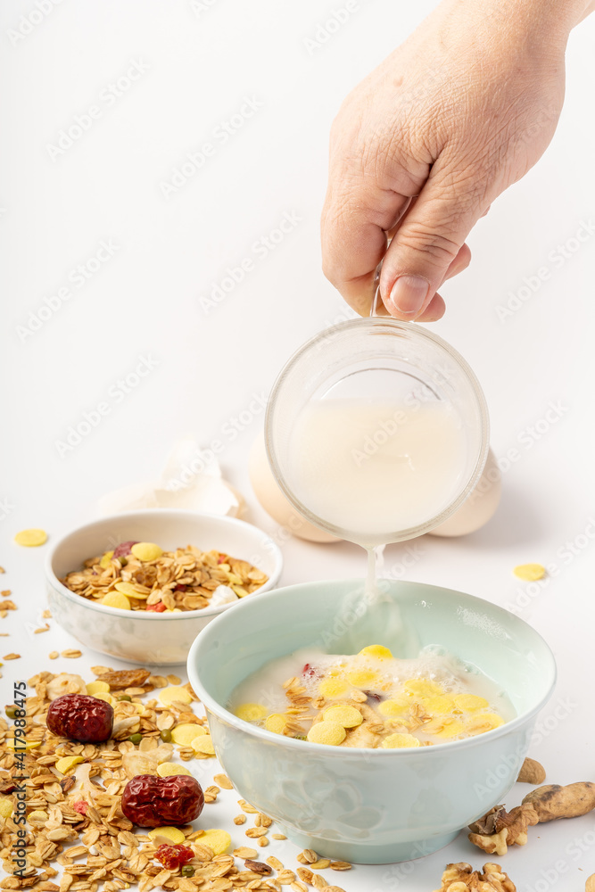 A simple nutritious breakfast on a solid color background A simple nutritious breakfast on a solid color background