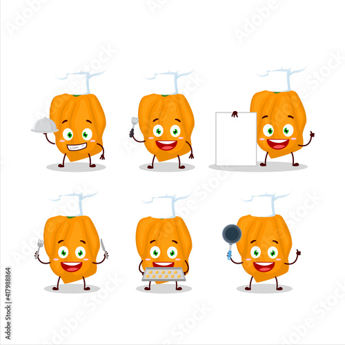 Cartoon character of orange habanero with various chef emoticons