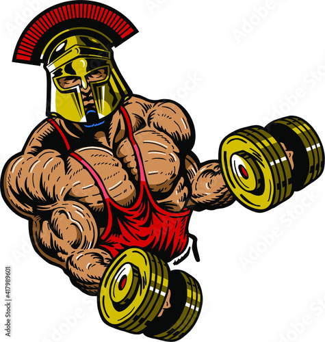 muscular spartan team mascot lifting weights for school, college or league