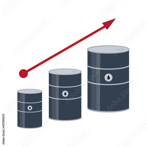 Business graph of the rise in oil prices. The concept of analyzing or studying oil products in the investment market. Three barrels and a red up arrow. Vector illustration