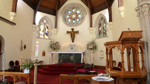 shot of religious Christian or catholic chapel and altar for worshippers 