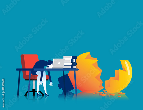 Tired business person on the desk with broken lamp. Hard work vector concept