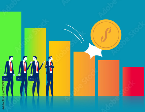 Drop coin climb down the bar chart metaphor of loss. Business finance and economy photo