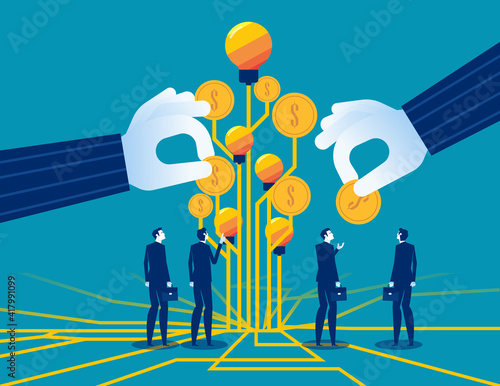 Business team get money from their investments. Idea or bulb tree
