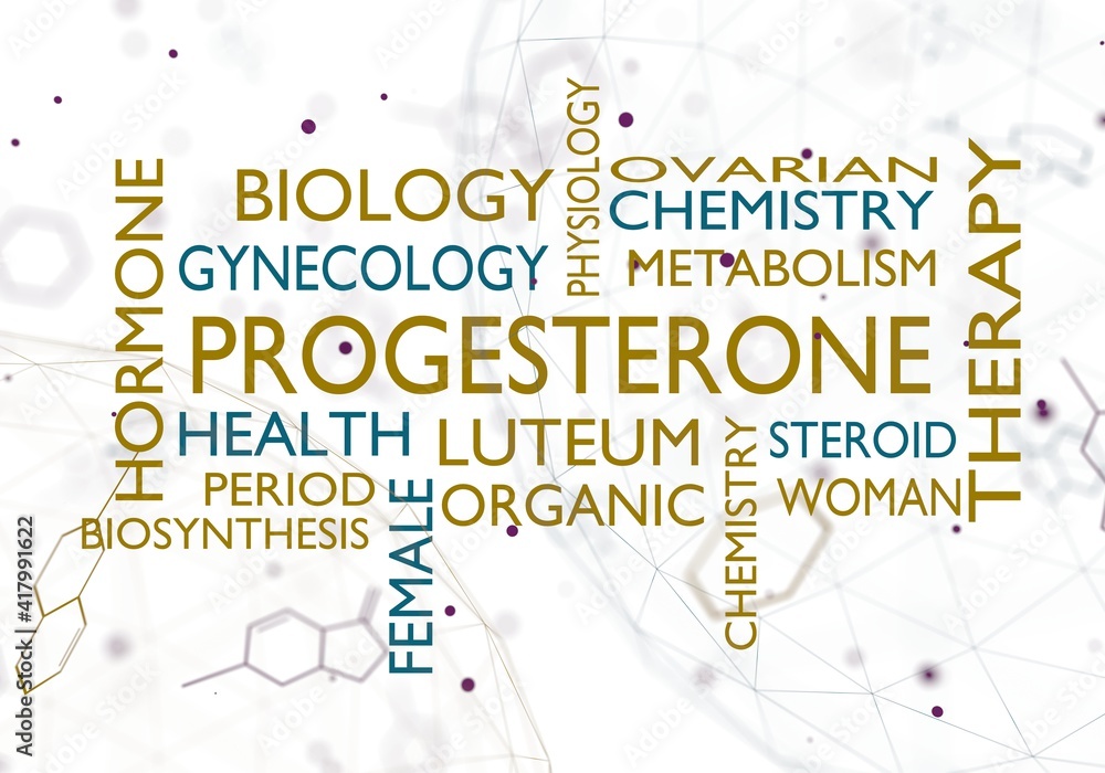 Tags cloud of progesterone hormone. Words collage. 3D rendering