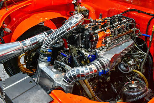 Konstfotografi Close up colorful details of car engine