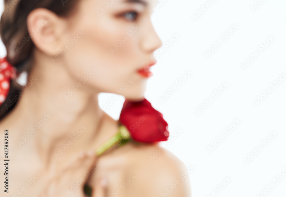 Charming people with bare shoulders red rose makeup eyeshadow