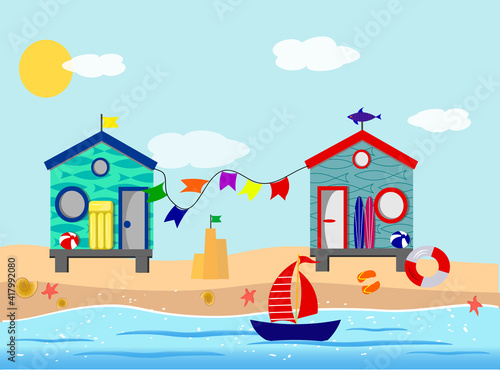 Illustration with a beach. Summer time on the beach. Beach houses, sand, sea, sun, surfing and paraphernalia for a seaside holiday. Vector illustration for decorating brochures, flyers, showcases
