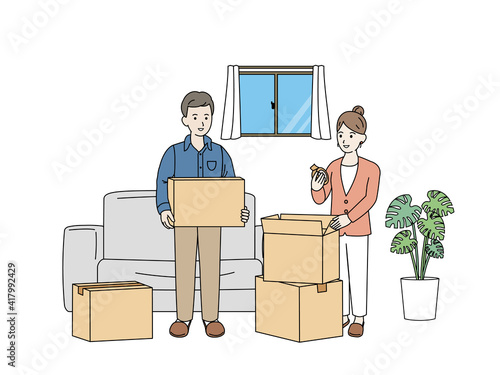 引越し　準備　作業　荷造り　夫婦　全身　イラスト素材