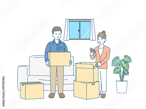 引越し　準備　作業　荷造り　夫婦　全身　イラスト素材