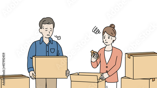引越し　終わらない　疲れる　面倒　準備　作業　荷造り　夫婦　イラスト素材