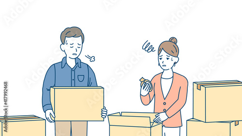 引越し　終わらない　疲れる　面倒　準備　作業　荷造り　夫婦　イラスト素材