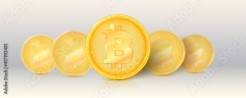Pattern of gold cryptocurrencies with golden bitcoin symbol. Crypto currencies stay in line. Vector 3d illustration