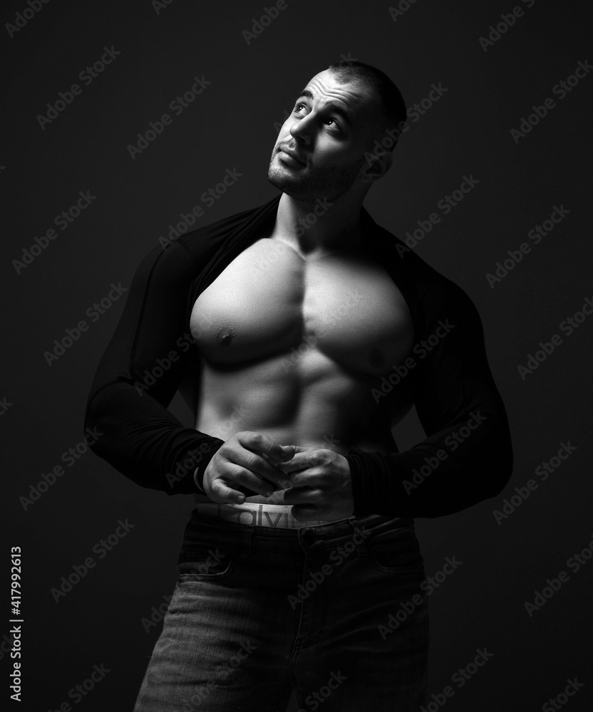 Black And White Portrait Of Muscular Man Athlete With Perfect Built Body Wearing Shirt With 9897
