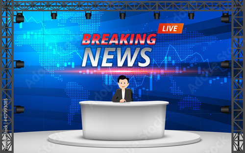 white table and breaking news on lcds background in the news studio room