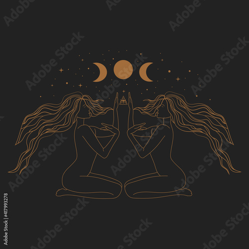 Sacred Witch or magic woman and mystical Symbols. Flat vector illustration. Ornament two beautiful girls in a yoga pose. Lotus meditation. International yoga day card. Vector illustration.