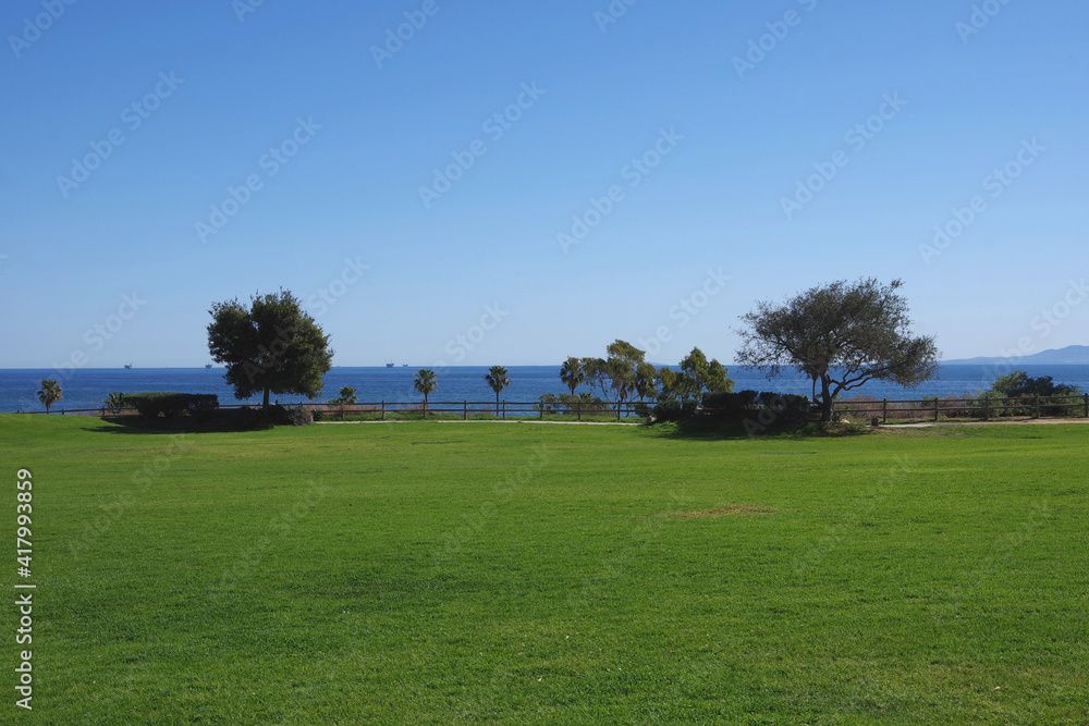 Panoramic view of the Pacific ocean and Santa Cruz Island seen from the Santa Barbara City College campus in southern California