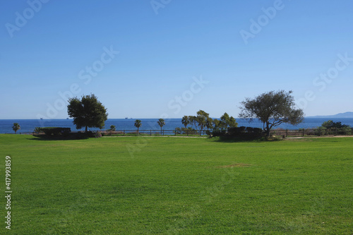 Panoramic view of the Pacific ocean and Santa Cruz Island seen from the Santa Barbara City College campus in southern California