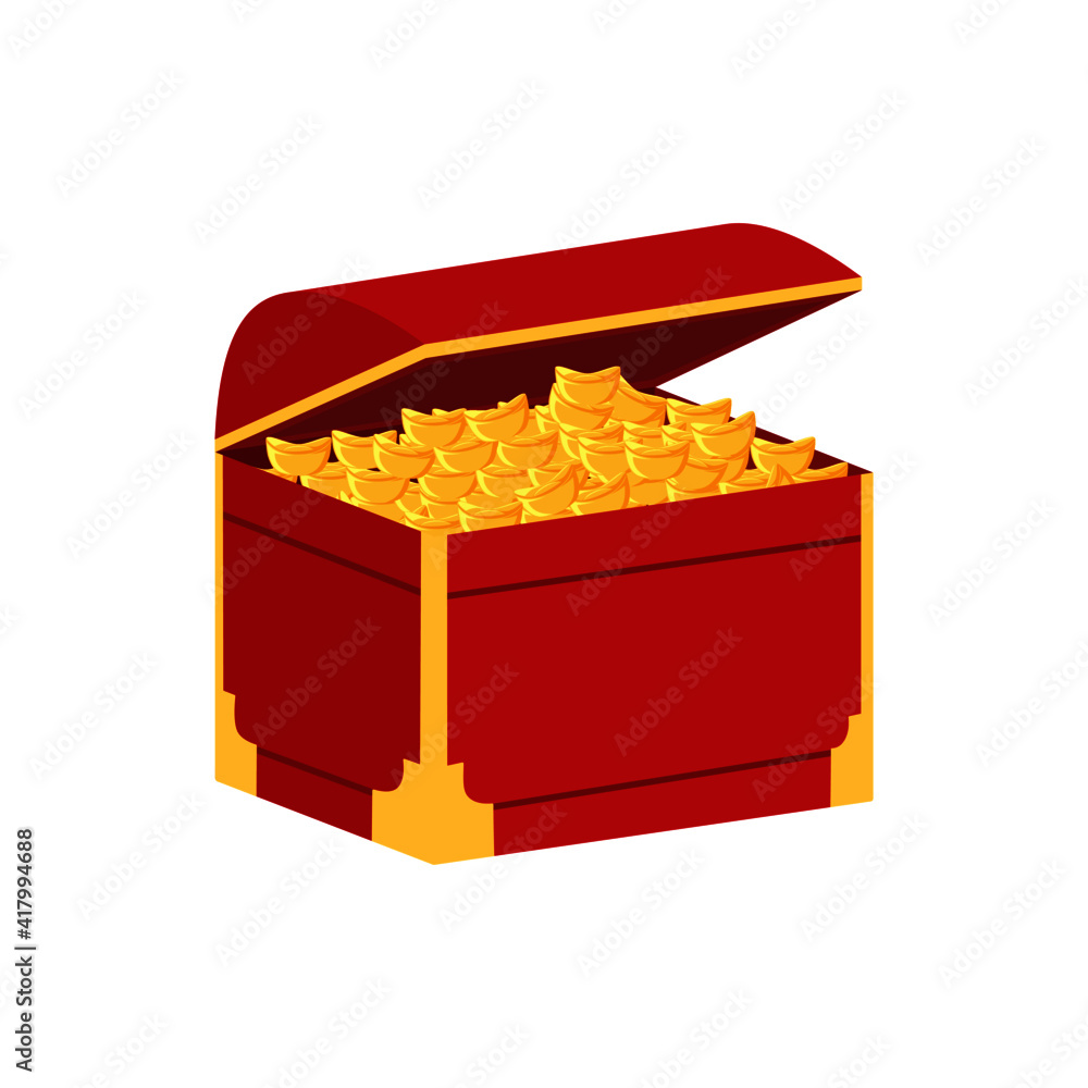 Vector of a red treasure chest with golden embroidery linings filled with Chinese gold pieces isolated on a white background Vector of a red treasure chest with golden embroidery linings filled with Chinese gold pieces isolated on a white background