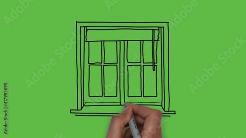 Drawing Wooden Door art with color combination on green background photo