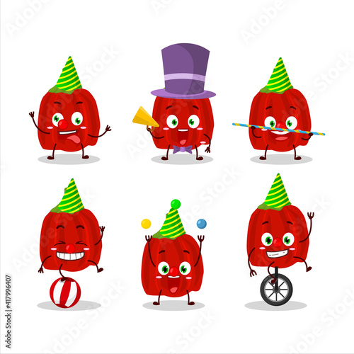 Cartoon character of red habanero with various circus shows
