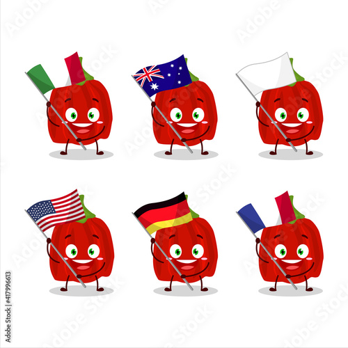 Red habanero cartoon character bring the flags of various countries