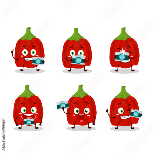 Photographer profession emoticon with red habanero cartoon character