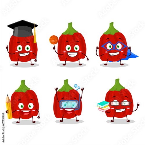 School student of red habanero cartoon character with various expressions