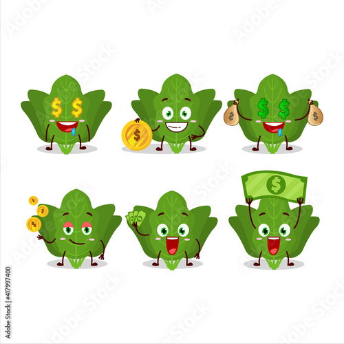 Spinach cartoon character with cute emoticon bring money