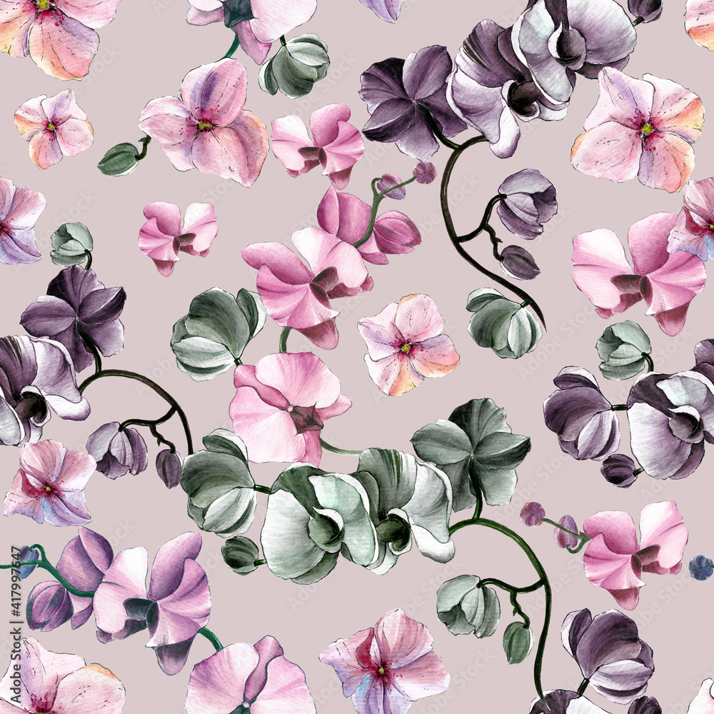 Seamless flower pattern with orchids and hydrangeas on a beige background.